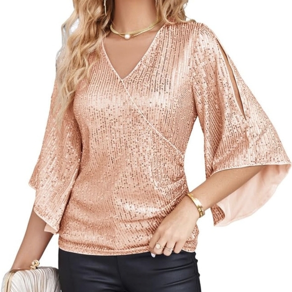 Grace Karin Tops - Grace Karin Shimmering Blouse in Peach